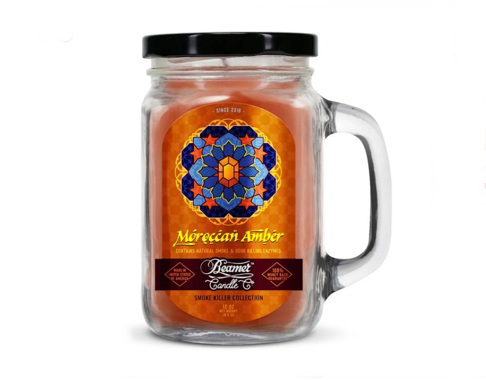 Smoke Killer illatgyertya üvegedényben, füllel és fém kupakkal – Moroccan Amber - nagy